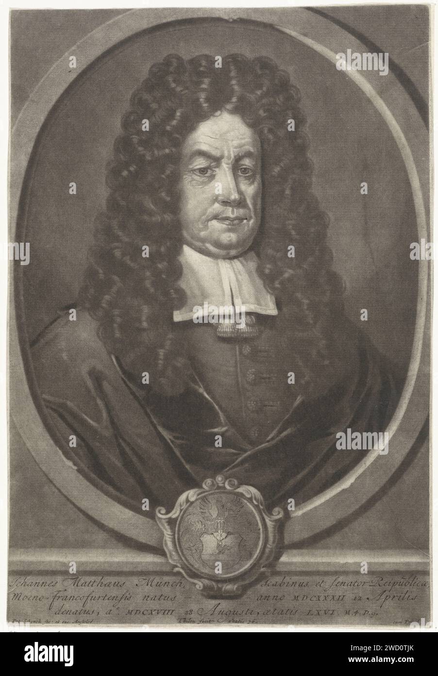 PortraT van Johannes Matthaus Münch, Pieter Schenk (i), dopo Thilen, 1670 - 1713 stampa Amsterdam carta incisione parrucca. cuscinetto araldico Foto Stock