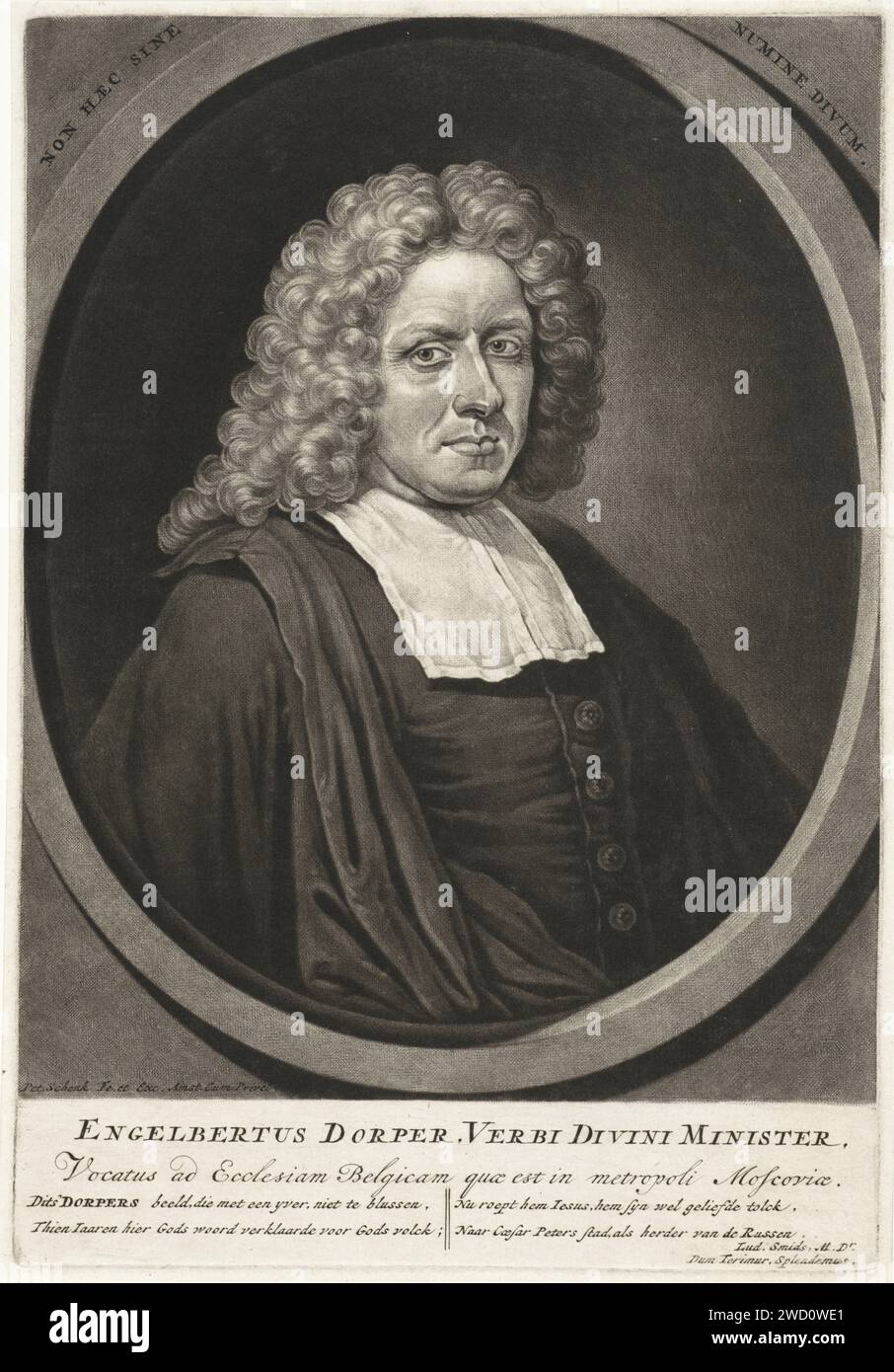 Ritratto del pastore Engelbertus Dorper, Pieter Schenk (i), 1670 - 1713 stampa Amsterdam carta incisione parrucca Foto Stock