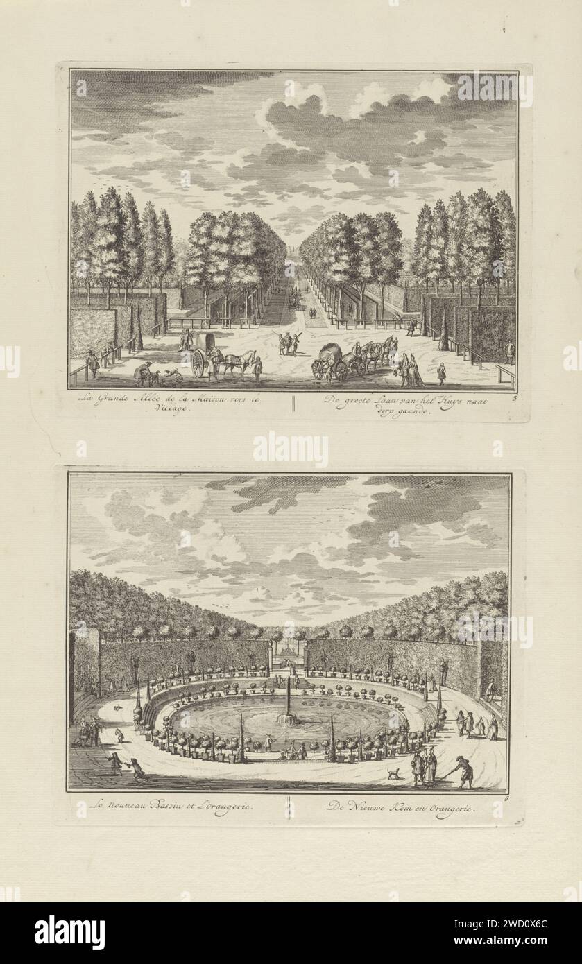 Grote Laan van slot Zeist al villaggio / De Kom a slot Zeist, Daniël Stendaal, 1682 - 1726 stampa due spettacoli su una foglia. Al piano superiore: Guarda dallo slot Zeist sulla Grote Laan verso il villaggio. Carrello in primo piano. Qui sotto: Il nuovo Waterkom presso slot Zeist. Tutto intorno a vasi con alberi. Amsterdam paper etching Lane, vicolo. Laghetto con giardino slot Zeist Foto Stock