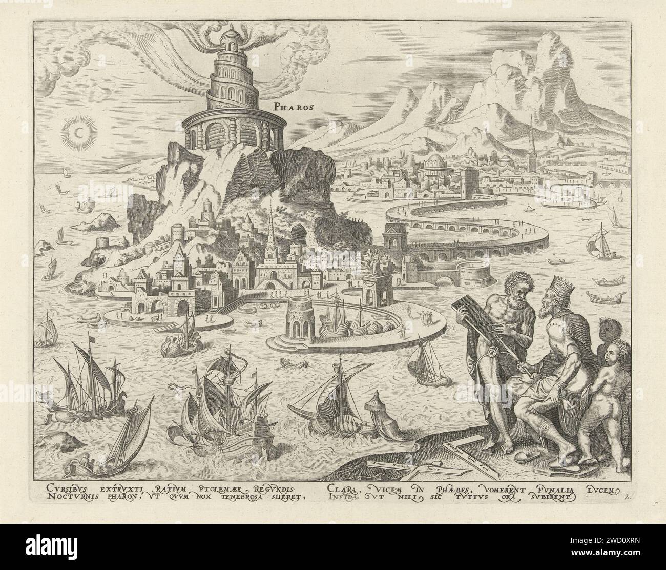 Faro di Alessandria, Philips Galle, dopo Maarten van Heemskerck, 1581 - 1633 stampa il faro della città di Alessandria. Per quanto ne sappiamo, il primo faro mai costruito. Questo fu commissionato dal primo re ellenistico d'Egitto Tolomeo II La torre divenne tra il 297 e il 283 a.C.. Costruito e servito per quasi 1500 anni per greci, romani, bizantini e arabi. Si trovava sull'isola di Pharos, nel Mar Mediterraneo, appena fuori dal porto egiziano di Alessandria. In primo piano a destra Tolomeo II e l'architetto del faro, Sostratus di Knidos. Il pr Foto Stock