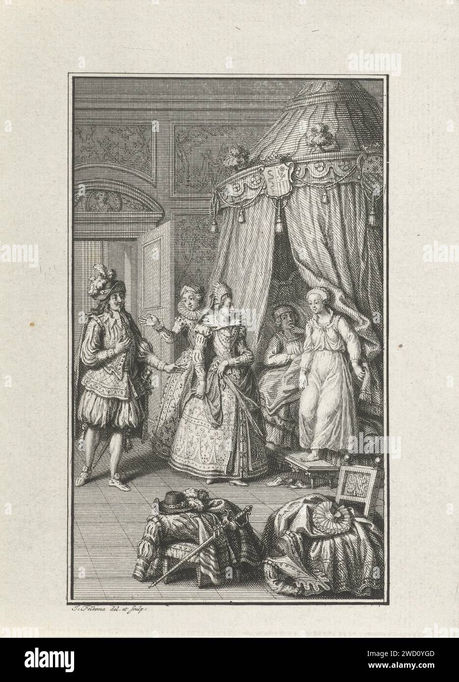 Coppia amorosa catturata in una camera da letto, Jacob Folkema, stampa 1702 - 1767 tre figure riccamente vestite sono entrate in una camera da letto e un uomo e una donna lo trovano a letto. L'uomo è rimasto a letto mentre la donna è scesa dal letto con un vestito da notte. In primo piano, l'abbigliamento viene tirato sopra una sedia e uno sgabello. camera da letto con incisione di carta. riunione interrotta, amanti colti di sorpresa Foto Stock