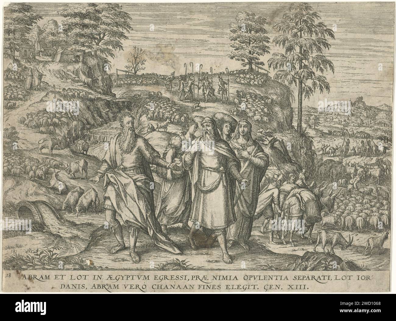 Divorzio tra Abramo e Lot, Symon Novelanus (attribuito a), 1577 - 1627 lotto di stampe e Abramo possedeva così tanto bestiame che c'era troppo poca terra e i pastori di Lot e i pastori di Abram combatterono tra loro. In fondo a sinistra, Abramo fa a Lot la proposta di separarsi. Si dicono addio in primo piano. Lot parte con la moglie, le figlie e i beni per la valle di Jordaan. In fondo un riferimento in latino al testo biblico nel Gen. 13. Numerato in basso a destra: 6. Carta di Colonia incisione Abramo e separazione lotto (Genesi 13) Foto Stock