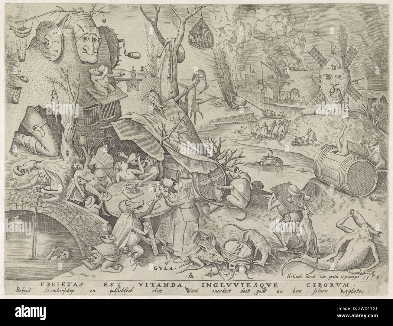 Gluttony, Pieter van der Heyden, dopo Pieter Bruegel (i), stampa del 1558 la personificazione femminile della guttonia (Gula) è su un maiale e beve da una brocca a un tavolo. Le donne sono sedute intorno al tavolo. Intorno a tutti i tipi di scene fantastiche e mostri con cui è ritratto questo peccato della testa. Con didascalia di una regola in latino e di una regola in olandese. Incisione di carta di Anversa Gluttony, Intemperance, Gula; Gola, Ingordigia, 'Ingordigia overo AviditÃ', 'VoracitÃ' (Ripa)  personificazione di uno dei sette peccati mortali. ubriachezza. diavoli sotto forma di (favolosi) animali Foto Stock