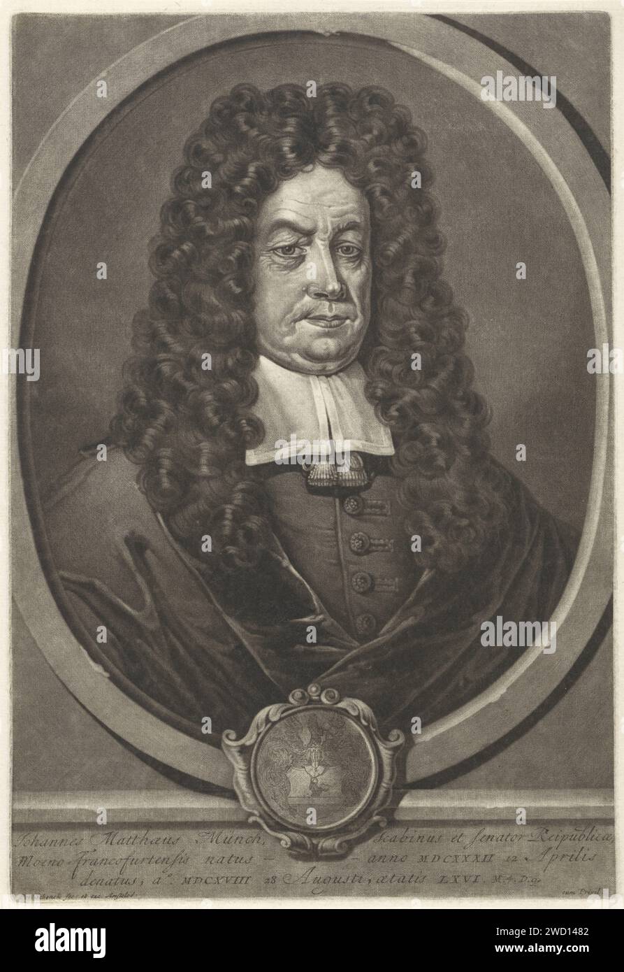 PortraT van Johannes Matthaus Münch, Pieter Schenk (i), dopo Thilen, 1670 - 1713 stampa Amsterdam carta incisione parrucca. cuscinetto araldico Foto Stock