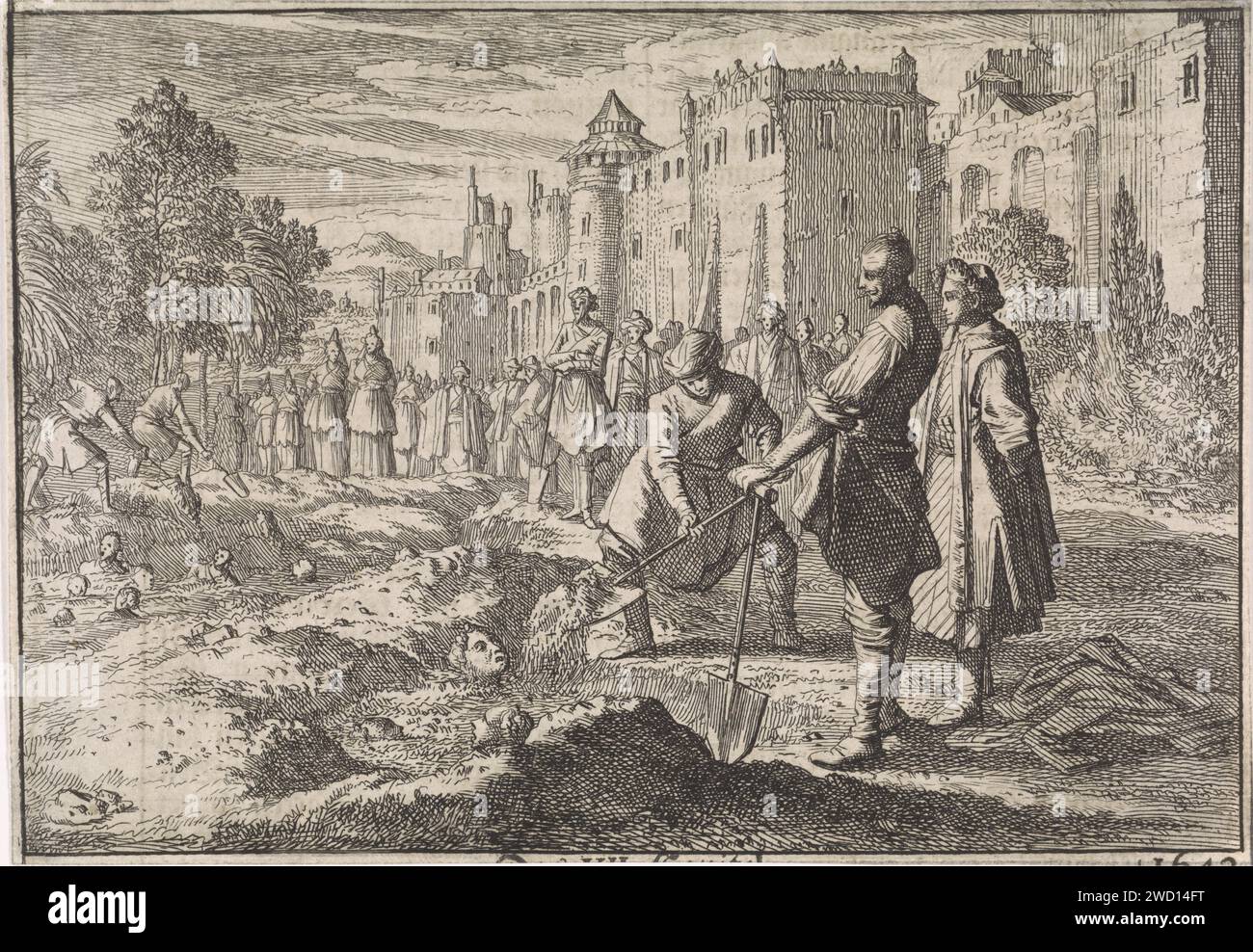 Safi, lo scià di Persia, seppellisce quaranta delle sue donne harem che vivono nel suo giardino di palazzo come punizione per una cospirazione contro la sua vita, 1642, Caspar Luyken (attribuito a), 1701 stampa Frankfurt am Main carta incisione / stampa tipografica sepolta viva (morte violenta). harem Foto Stock