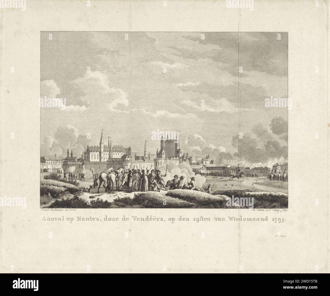 Attacco a Nantes, di De Vendeers, il 29 di Wiedemaand 1793, Reinier Vinkeles (i), dopo Jacques Francois Joseph Swebach, 1793 - 1795 stampa Amsterdam incisione incisione incisione incisione incisione incisione/incisione che irrompe nella città o fortezza  assedio Nantes Foto Stock