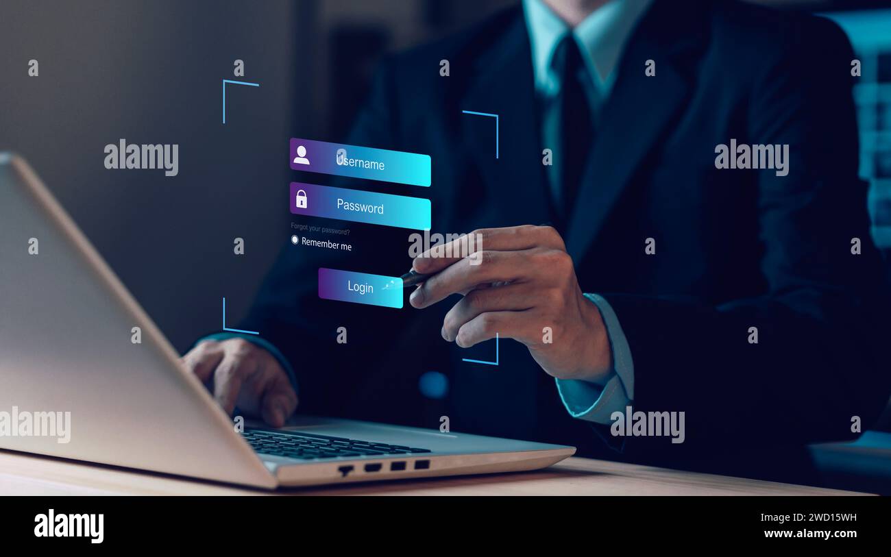 Nome utente e password sul laptop. Sicurezza informatica. Informazioni sulla protezione dei dati. Crittografia e accesso protetto ai dati personali degli utenti. Cybercrimine. Foto Stock