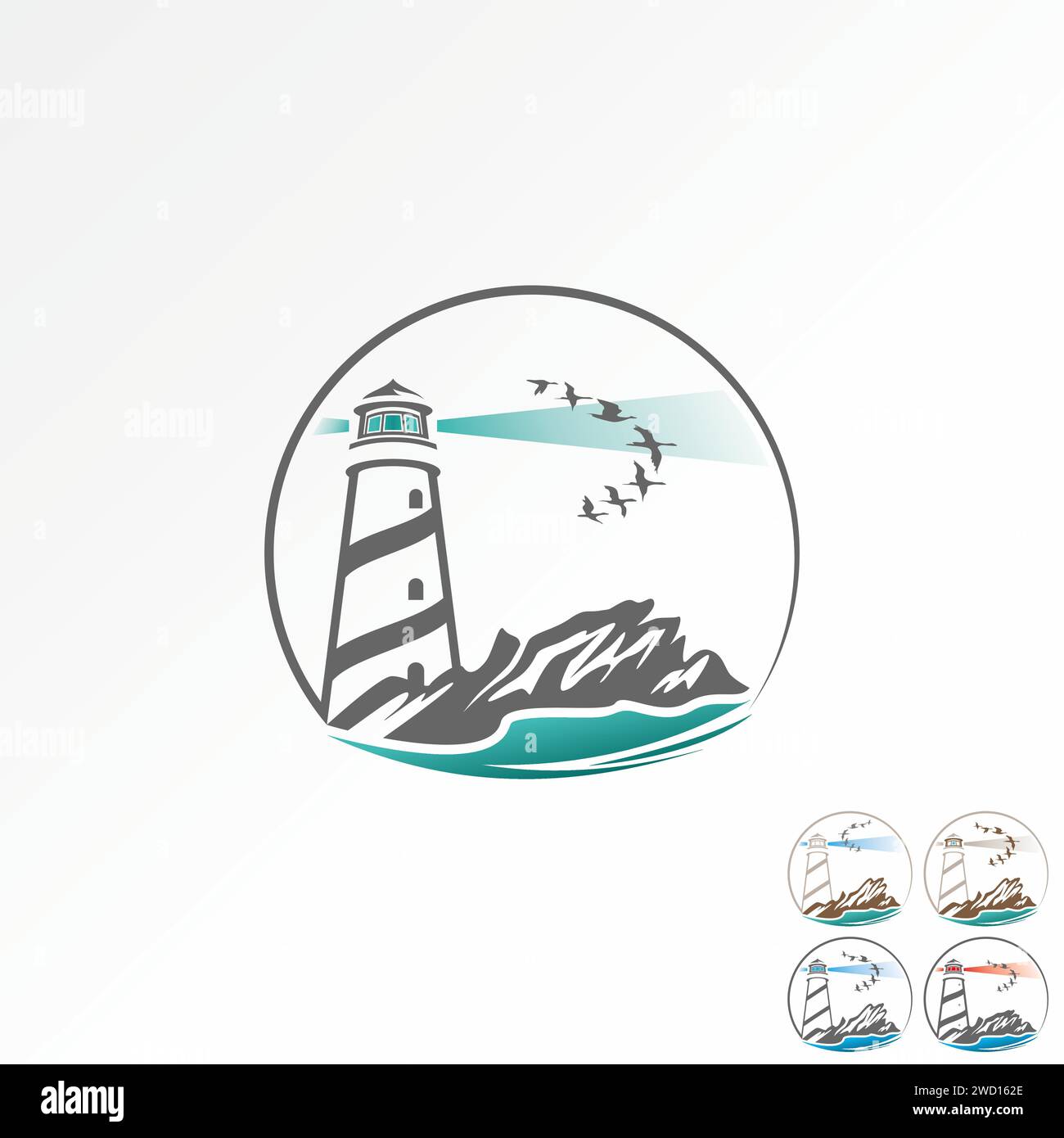 Design del logo concetto grafico creativo Premium icona astratta del segno vettoriale stock home building luce casa raggi e uccelli relativi mare mare isola marinaio Illustrazione Vettoriale