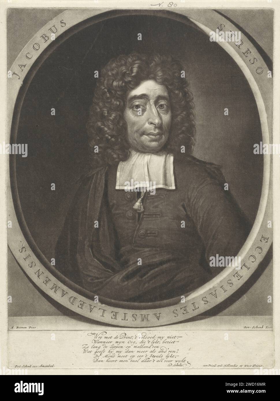 Ritratto di Jacobus Streso, Pieter Schenk (i), dopo Arnold Boonen, 1670 - 1713 stampa Jacobus Streso, pastore ad Amsterdam, tra gli altri. Parrucca per incisione in carta Amsterdam Foto Stock