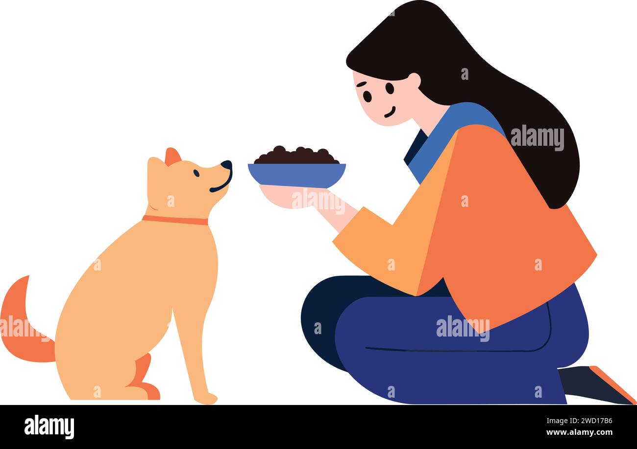 una donna che dà da mangiare al suo cane in stile piatto, isolata sullo sfondo Illustrazione Vettoriale