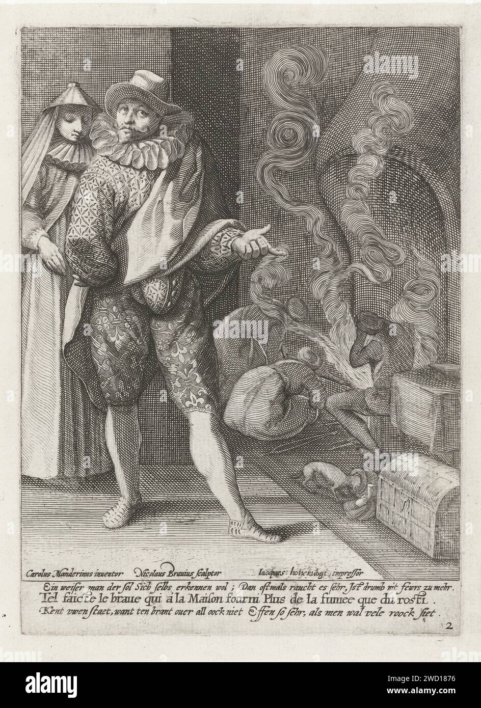 Proverbio: Dove c'è fumo, non c'è ancora (buono) fuoco, Nicolaas Braeu, dopo Karel van Mander (i), c. 1608 - c. 1666 stampa uomo e donna vestiti alla moda in una partenza canaglia. L'uomo è vestito con Wambuis con la pancia d'oca. La donna indossa un cappuccio sul retro a destra seduta gente mal vestita vicino a un caminetto che dà più fumo che fuoco. Chiedete moderazione. Con tre righe di didascalia in tedesco, francese e olandese: Conosce la tua posizione, perché dieci Brant su tutto il oock non è solido così sehr, se uno è molto roock siet. Print Maker: Low Countriesafter design by: Haarlempublisher: P Foto Stock