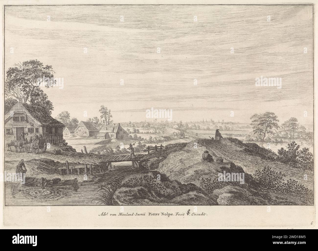 Paesaggio con fattorie, Pieter Nolpe, dopo Willem van Nieulandt, stampa 1623 - 1653 ci sono alcune fattorie in un paesaggio. Alla casa a sinistra si ferma una carrozza, i cui cavalli bevono. A sinistra un uomo tira fuori dall'acqua una rete da pesca da una barca. A destra c'è un uomo sulla diga. Stampa da una serie di paesaggi. Paesaggio di incisione/incisione su carta di Amsterdam con ponte, viadotto o acquedotto. fattoria (edificio). veicolo trainato da animali a quattro ruote, ad esempio cabina, carrozza, carrozza. angolazione (+ rete) Foto Stock