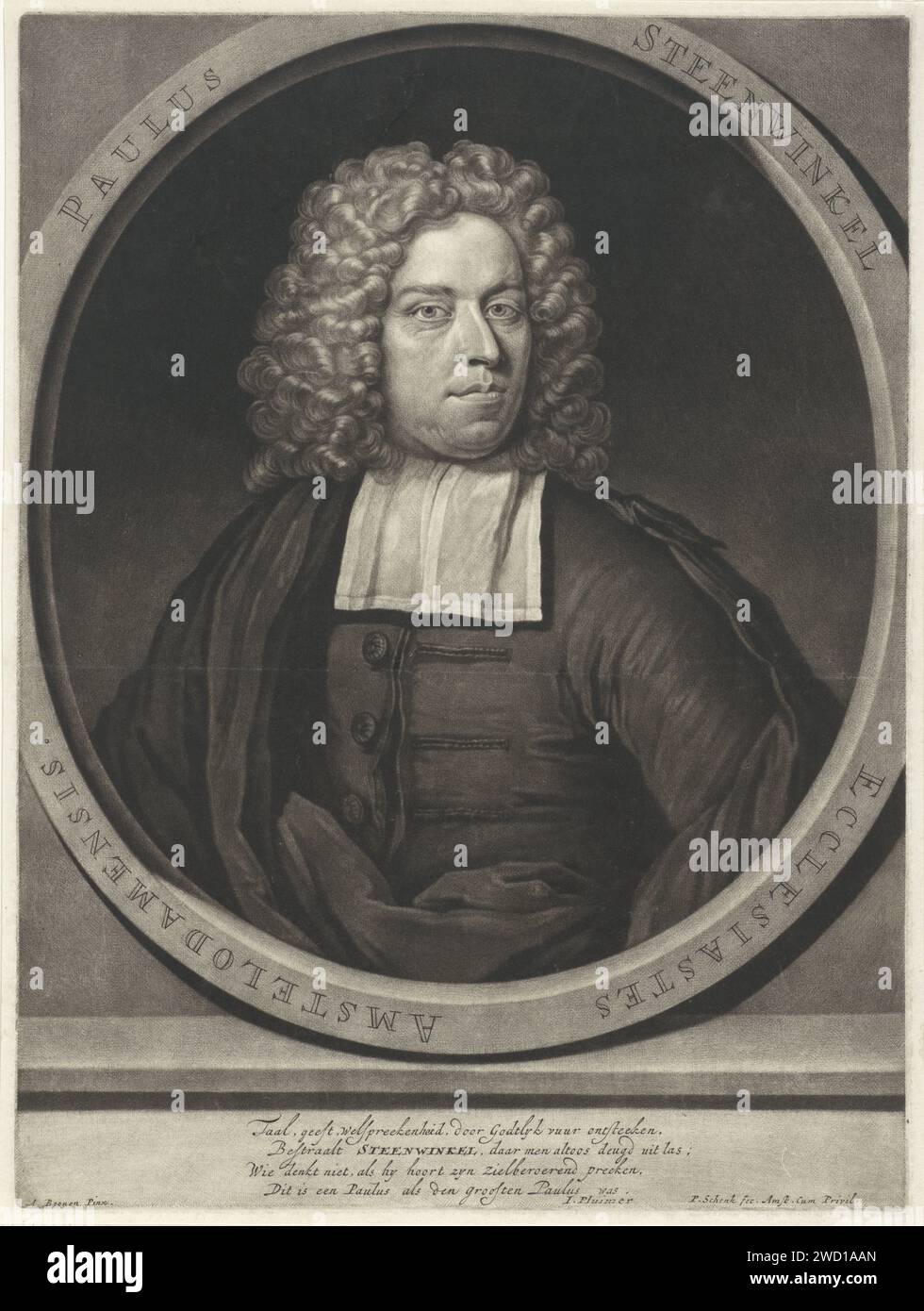Ritratto del pastore Paulus Steenwinkel, Pieter Schenk (i), dopo Arnold Boonen, 1682 - 1713 stampa Amsterdam carta incisione parrucca Foto Stock