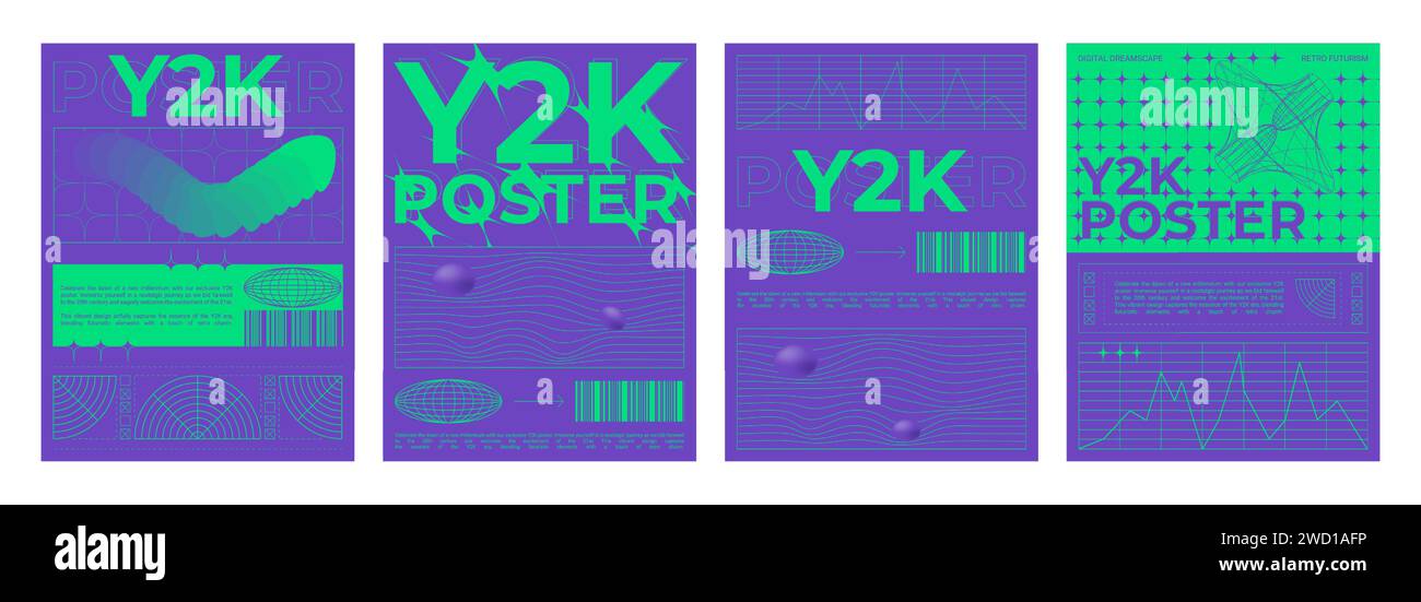 Modello di poster in stile y2k con motivo a griglia distorto e forme su sfondo neon luminoso. Set vettoriale di layout di banner grafici in stile cyberpunk retrò futuristico con geometria di curvatura wireframe. Illustrazione Vettoriale