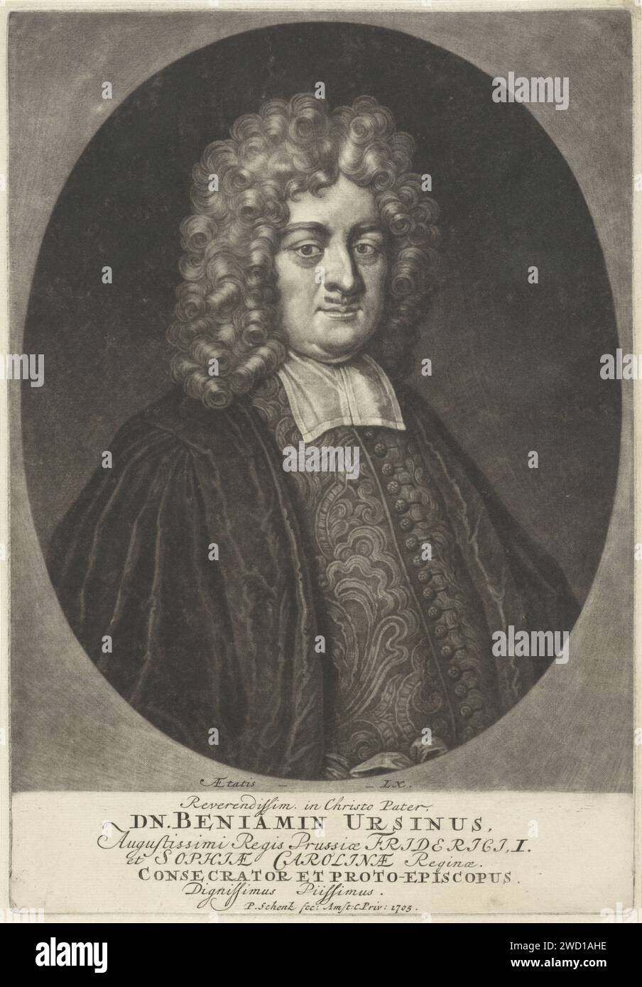 Ritratto del teologo Benjamin Ursinus, Pieter Schenk (i), 1705 stampa Amsterdam paper Engraving Theologian. parrucca Foto Stock