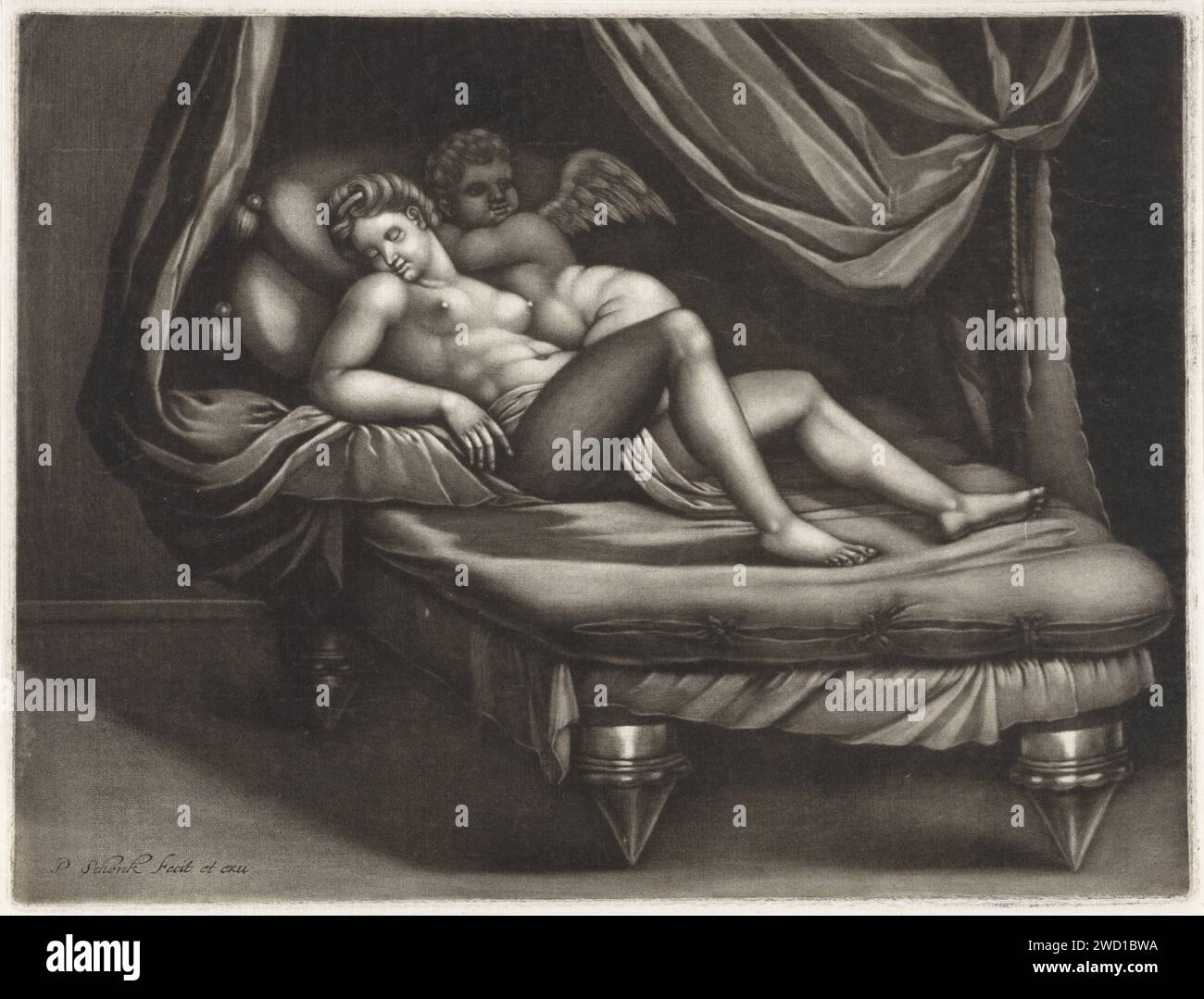 Cupido and Psyche, Pieter Schenk (i), 1670 - 1713 letto di carta stampata. Venere e Cupido (Cupido non è un semplice attributo) Foto Stock