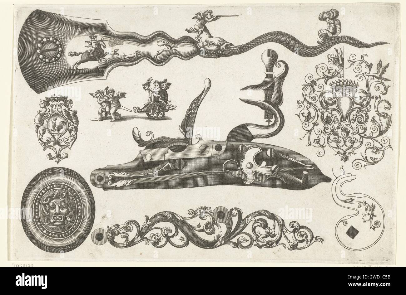 Eight Affuiten and Ornaments for Guns, Pieter Schenk (i), dopo Claude Simonin, 1692 stampe da una serie di 8 riviste. Tipografia: Amsterdamafter design by: France (possibilmente)publisher: Amsterdam paper Engraving Foto Stock