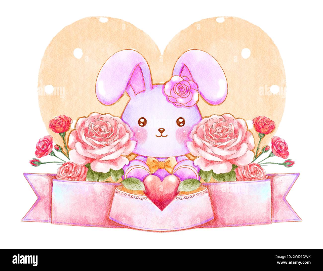 Bambola coniglio con rosa e cuore. Disegno di pittura ad acquerello . Concetto di San Valentino. Sfondo isolato bianco . Illustrazione . Foto Stock