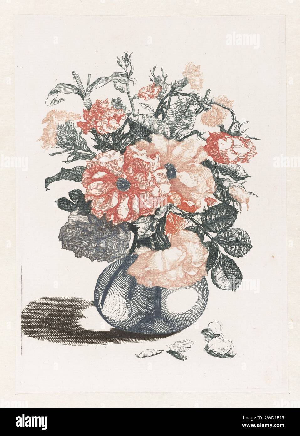 Cinque stampe di fiori in vasi di vetro, anonimo, dopo Jean Baptiste Monnoyer, 1688 - 1698 stampa vaso di vetro con fiori. Qualche petalo vicino al vaso. Incisione/incisione di fiori di carta olandese in un vaso Foto Stock