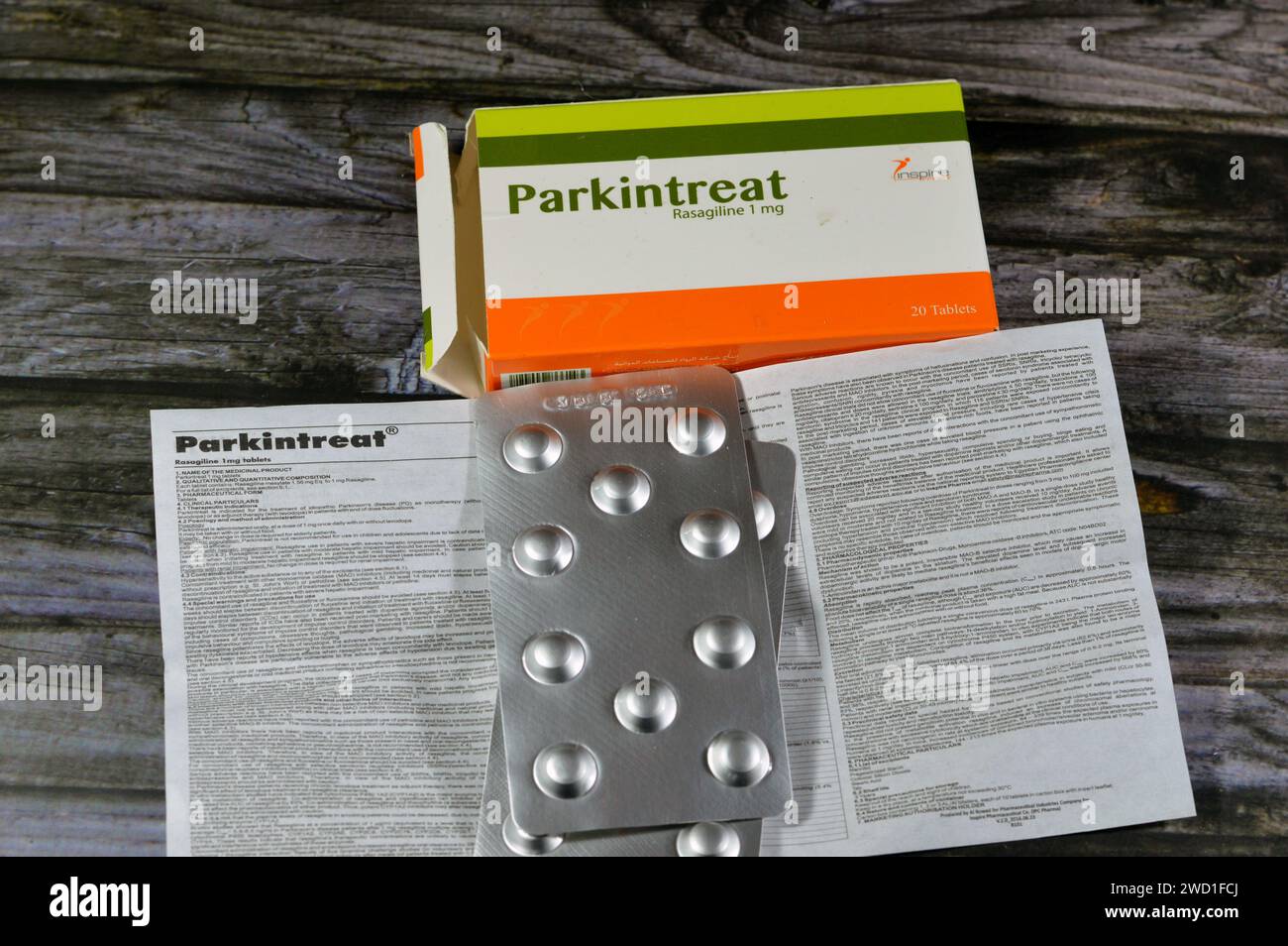Cairo, Egitto, 15 gennaio 2024: Parkintreat 1mg Rasagilina, indicato per il trattamento del morbo di Parkinson idiopatico (PD) in monoterapia (senza Foto Stock