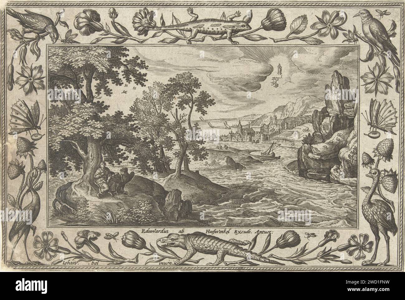 Apostolo Johannes su Patmos, Adriaen Collaert, dopo Hans Bol, 1582 - 1586 stampa Seasing view con l'isola di Patmos in primo piano. Sull'isola dell'apostolo ed evangelista Johannes, insieme all'aquila, il suo simbolo evangelico. Guarda l'aria. La Maria incoronata appare tra le nuvole con il bambino di Cristo e la bestia di sette membri dell'Apocalisse. La stampa ha una lista ornamentale di fiori e animali. Fa parte di una serie a quattro zampe di paesaggi con scene bibliche, mitologiche e di caccia. Anversa incisione di carta Giovanni (scrittura) sull'isola di Patmos Foto Stock