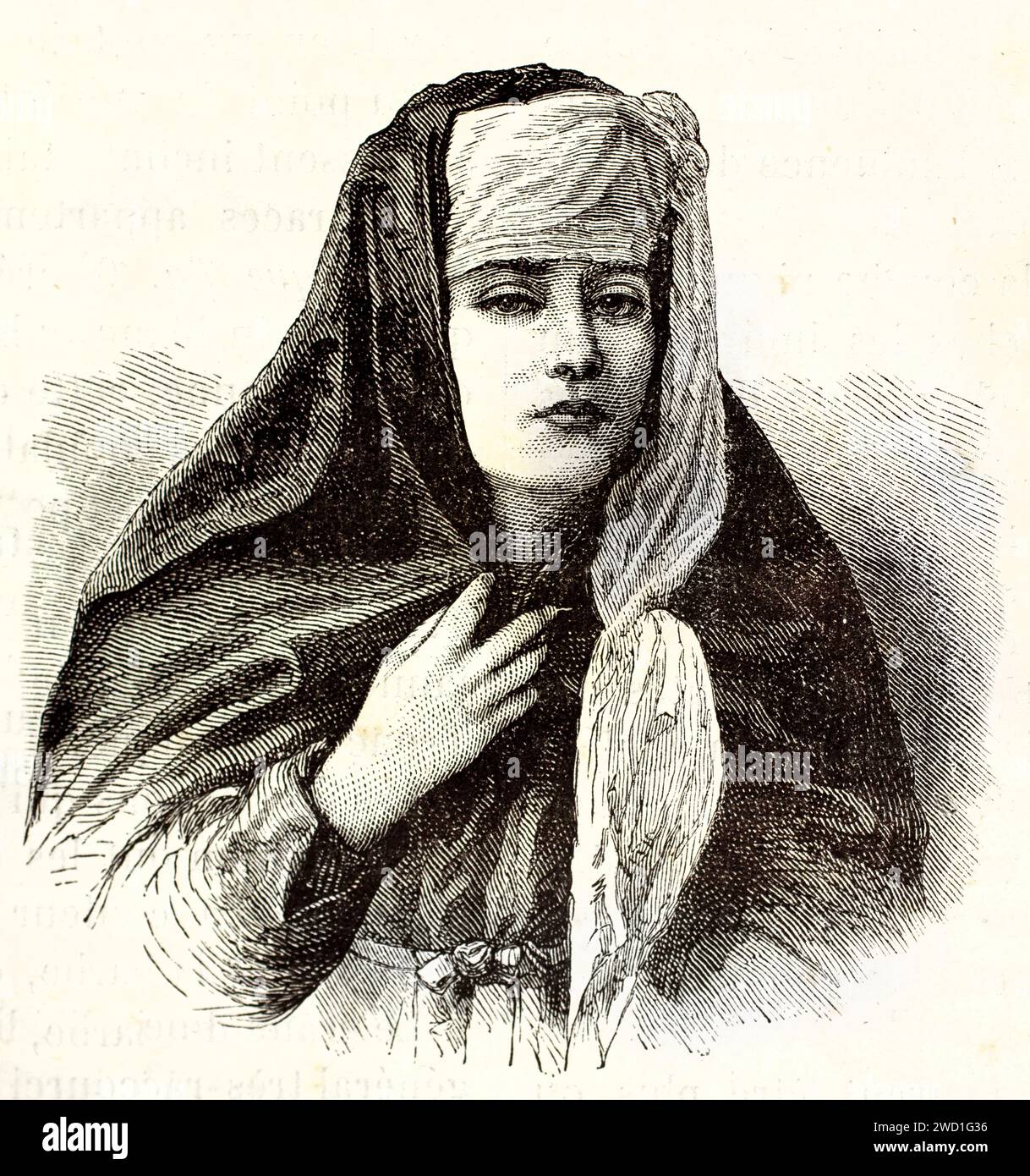 Vecchio portait inciso di donna donna donna. Creato da Bocourt e Dumont, pubblicato su Brehm, Les Mammifers, Baillière et fils, Parigi, 1878 Foto Stock