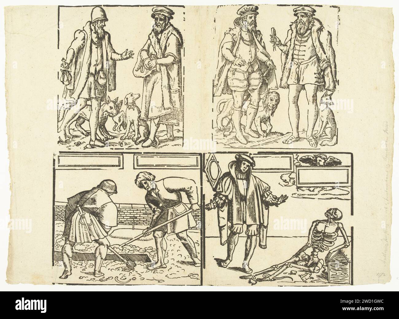 Quattro esibizioni foglia, Anonymous, 1700 - 1800 stampa stampata da quattro blocchi, quattro esibizioni su una foglia. In alto a sinistra un prestatore e un cittadino, in alto a destra un nobile e uno statista, due uomini in basso a sinistra scavano una tomba e un uomo e la morte in basso a destra. Scavatrice di tombe di carta dei paesi bassi. Morte come scheletro. prestatore di denaro, usurer. borghesia, classe media, cittadini, borghesi. nobiltà e patriciato; cavalleria, cavalierato. funzionario; funzionario; funzionario; funzionario (in generale) Foto Stock