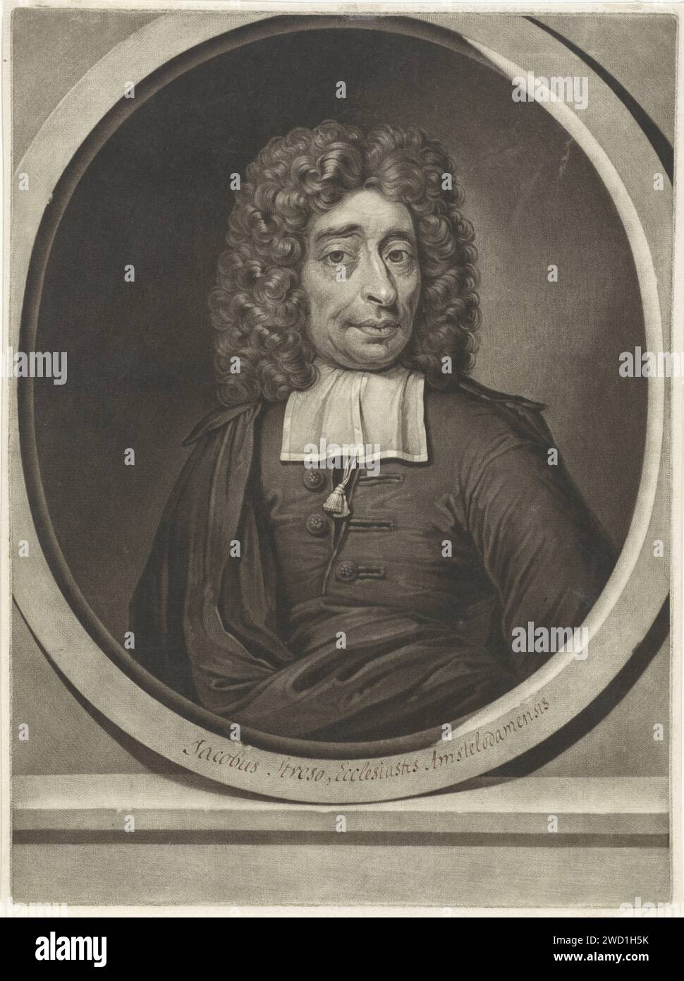 Ritratto di Jacobus Streso, Pieter Schenk (i), dopo Arnold Boonen, 1670 - 1713 stampa Jacobus Streso, pastore ad Amsterdam, tra gli altri. Parrucca di carta Amsterdam Foto Stock