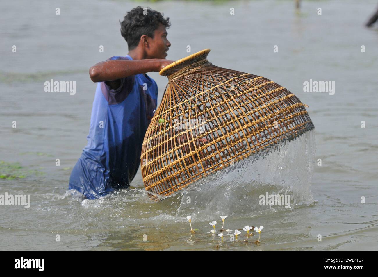 Le popolazioni rurali armate di trappole per pesci di bambù e reti da pesca artigianali prendono parte a una festa invernale di pesca bawa, che dura 100 anni, presso il Gowahori beel of Biswanath upazila a Sylhet. La gente del posto ha detto che il festival viene celebrato ogni anno nel primo giorno del mese di Bangla di Poush e, a parte la gente del posto, persone provenienti da diverse parti dell'Upozila si radunano al beel con diversi tipi di trappole da pesca per partecipare. Sylhet, Bangladesh. Foto Stock