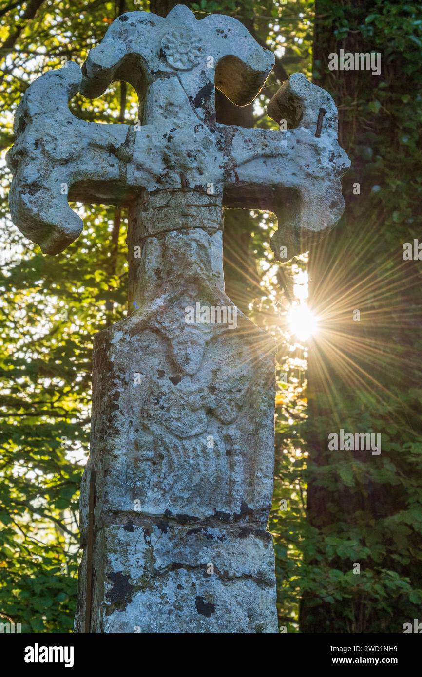 Croce dei pellegrini all'uscita di Roncesvalles, XIV secolo, strada di Santiago, Navarra, Spagna Foto Stock