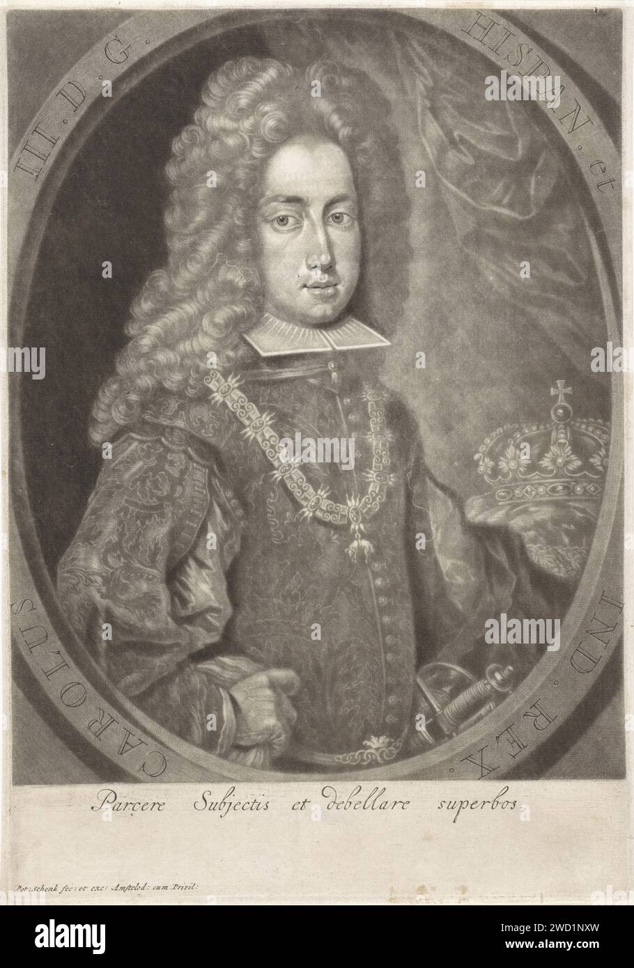 Ritratto Karel vi, tedesco Keizer, Pieter Schenk (i), 1670 - 1711 stampa Ritratto dell'arciduca Karel van Austria, che si considerava durante la guerra di successione spagnola e nominato re Carlo III di Spagna. Dal 1711 al 1740 fu imperatore del Sacro Romano Impero. Indossa una catena intorno al collo con l'ordine del Toson d'Oro. Corona di incisione su carta di Amsterdam (simbolo di sovranità). Ordine cavalleresco del vello d'oro Foto Stock