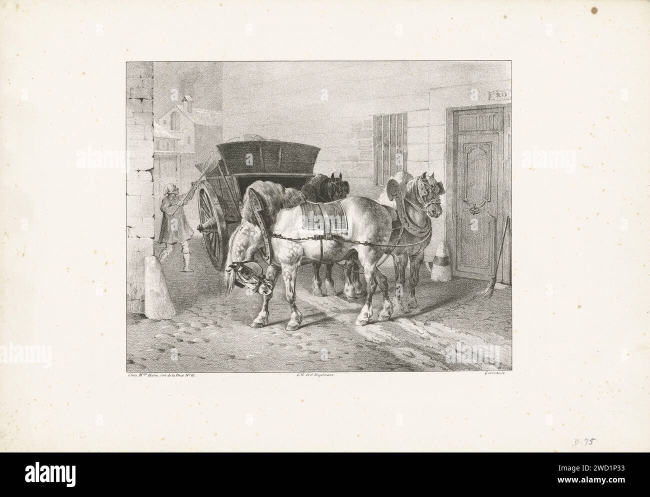 Stradeevy, Thovodore Seasonal, stampa 1823 Un uomo crea la spazzatura nella sua auto. Tre cavalli da tiro sono tesi per l'auto. Carta di Parigi che raccoglie le parti scartate. cavallo Foto Stock