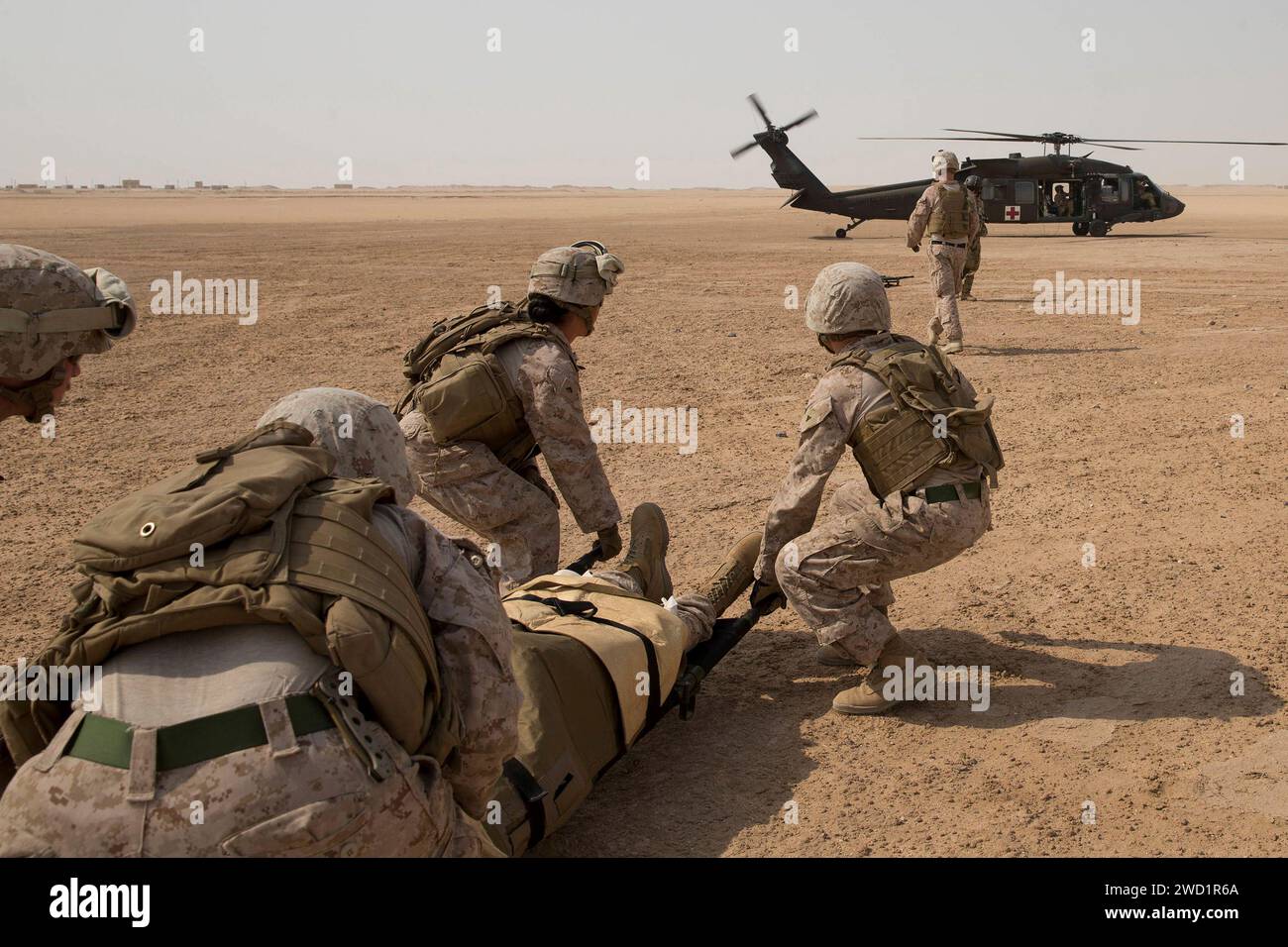 I marinai e i Marines statunitensi trasportano un Marine con una lesione simulata a un Black Hawk UH-60L. Foto Stock