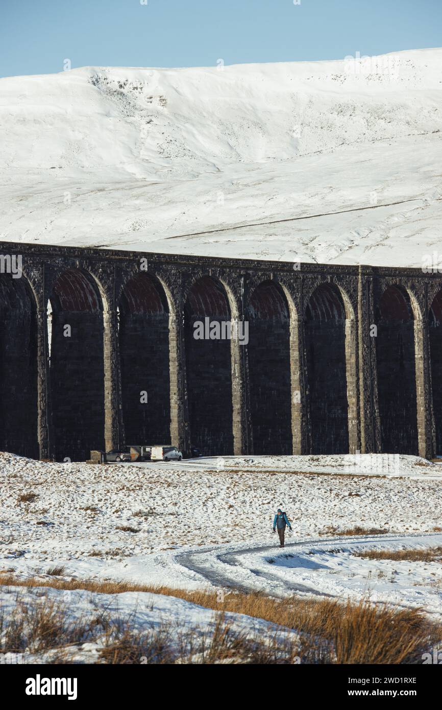 Un escursionista solitario (uomo) nello Yorkshire Dales National Park nella neve in una giornata invernale, con il viadotto Ribblehead e Whernside sullo sfondo. Foto Stock