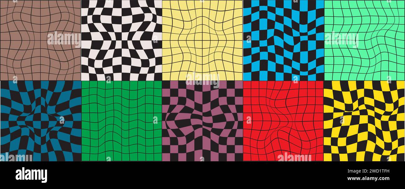 Set di esempi di sfondo scacchiera distorta. Motivi psichedelici con quadrati colorati deformati. Illusione visiva equata. Layout trippy in stile retrò Illustrazione Vettoriale