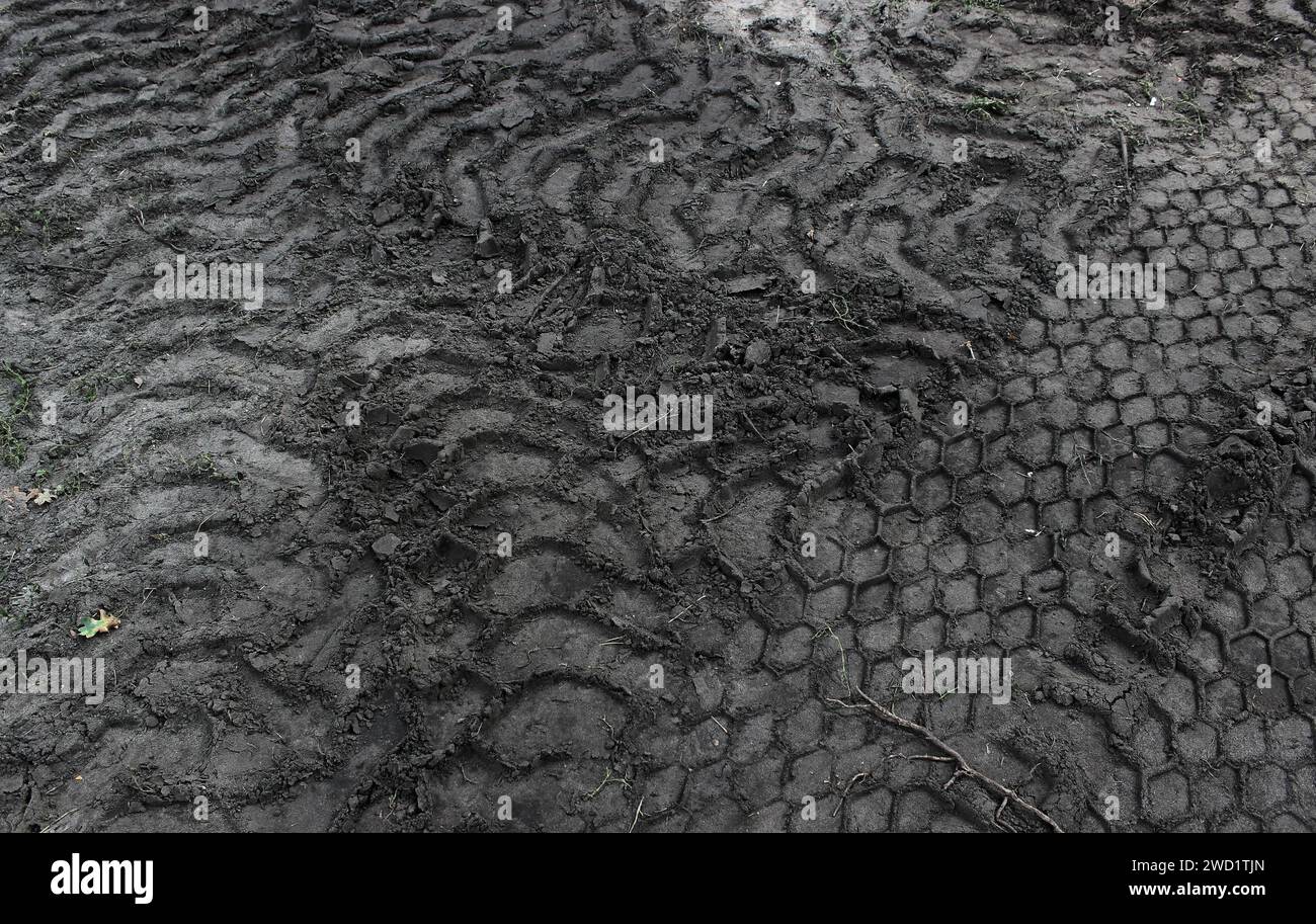 Il terreno viene arato con traсks dagli pneumatici dei veicoli pesanti che viaggiano in direzioni diverse Foto Stock