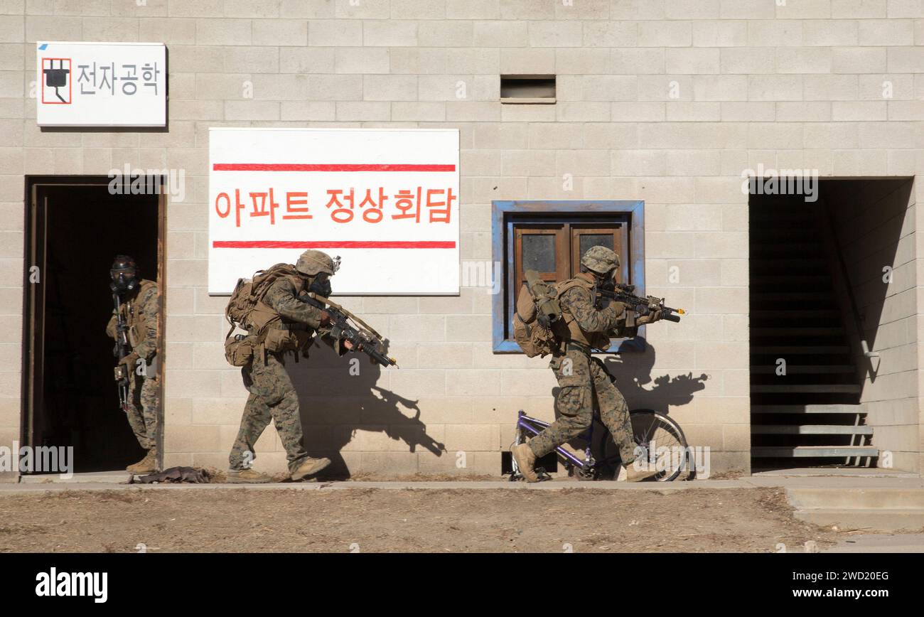 I Marines statunitensi simulano la violazione di un edificio durante un esercizio di addestramento a Camp Pendleton, California. Foto Stock