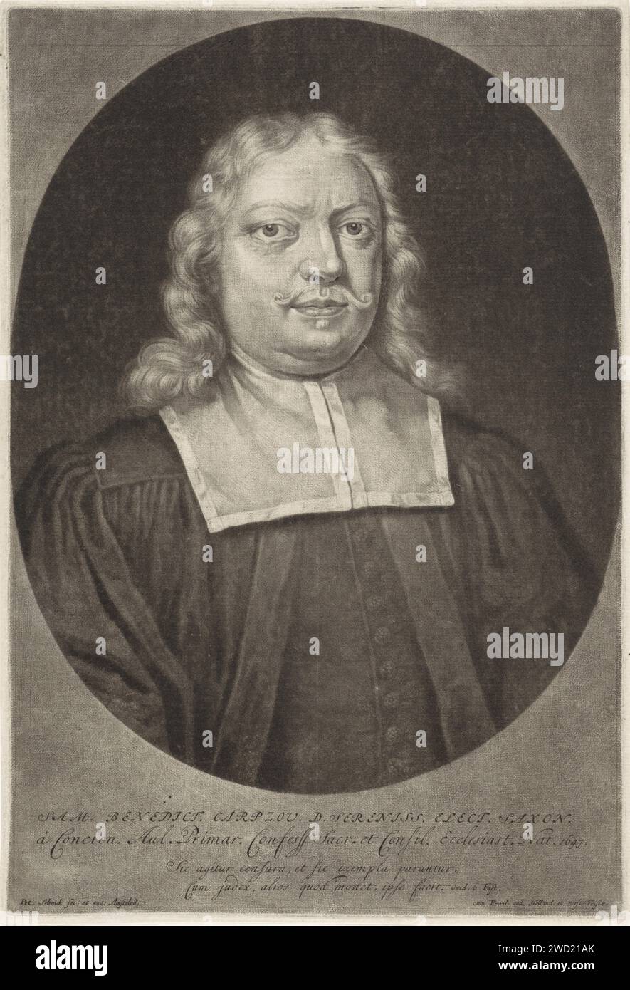 Ritratto del teologo Samuel Benedikt Carpzov, Pieter Schenk (i), 1670 - 1713 stampa Amsterdam paper Engraving Theologian. baffi Foto Stock