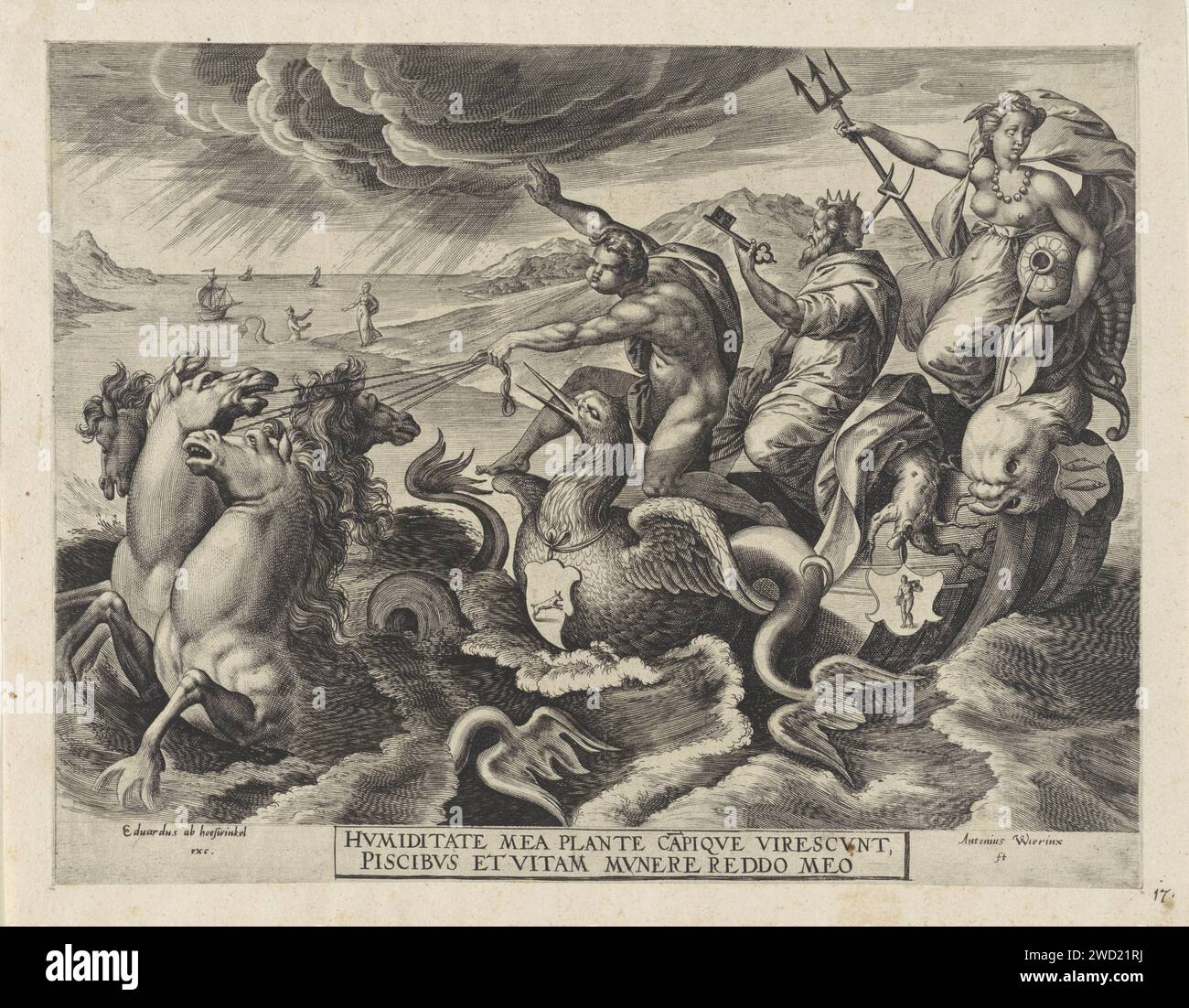 Water, Antonie Wierix (II), dopo Marten van Cleve (i), 1565 - prima del 1604 stampa la personificazione femminile dell'elemento Water vele su un carro trionfale, trainato da cavallucci marini. Sotto il braccio un'urna inclinata dove l'acqua fuoriesce. Sul carretto simboli dello zodiaco, del Capricorno, dell'uomo d'acqua e dei pesci che corrispondono ai mesi di dicembre, gennaio e febbraio. Sullo sfondo sulla spiaggia, una donna sta parlando con una nereite incoronata. Nel contesto del margine una didascalia bidirezionale in latino. Acqua di incisione della carta di Anversa (uno dei quattro elementi). cavallo di mare, ippocampo, "ippocampo", (cavallo/pesce) (mitologico Foto Stock