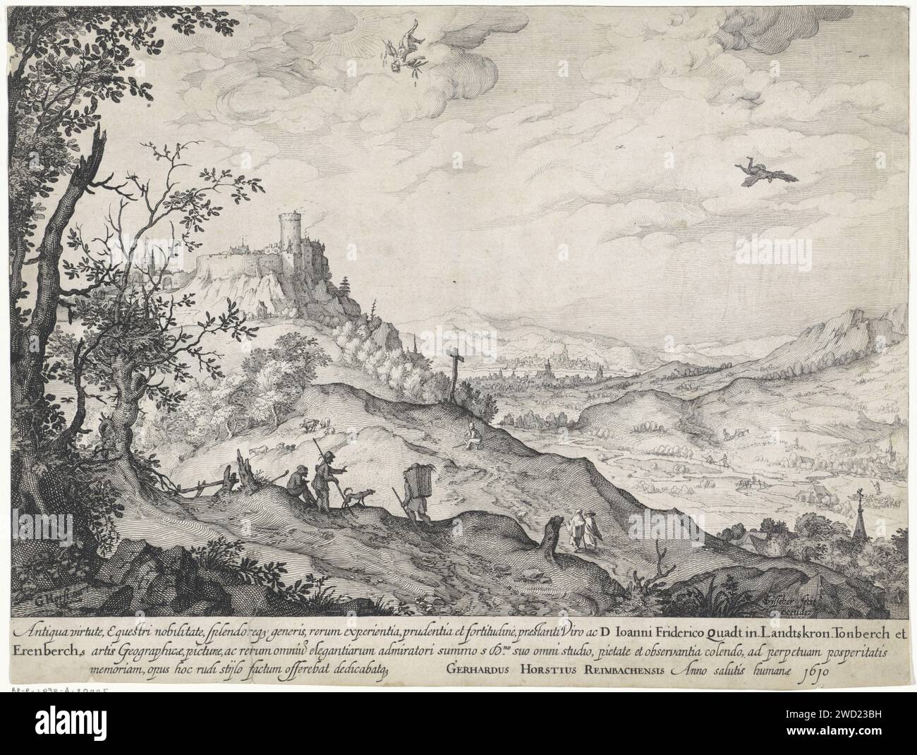 Paesaggio con la caduta di Icaro, Claes Jansz. Visscher (II), dopo Gerard van der Horst, stampato nel 1610 in un ampio paesaggio collinare, i pastori e gli escursionisti non notano come Icaro vola troppo vicino al sole. Le sue ali fondono le sue ali attraverso il caldo. Suo padre Daedalus vola sotto di lui e vede l'incidente accadere. Su una collina a sinistra una città murata con un castello. Un fiume scorre attraverso la valle in cui due pescatori hanno gettato la loro canna. Amsterdam carta incisione / incisione morte cioè la caduta di Icaro (Daedalus presente) Foto Stock