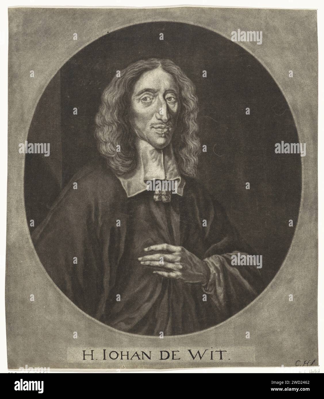 Ritratto di Johan de Witt, Cornelis A. Hellemans, dopo Jan de Baen, 1660 - 1700 stampa l'avvocato Johan de Witt, pensionato del consiglio della regione olandese. Incisione su carta nei Paesi Bassi del Nord Foto Stock