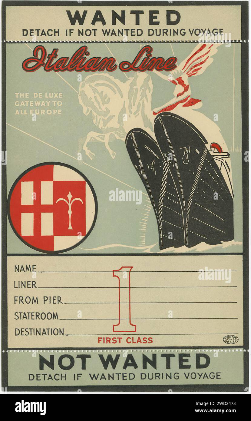 "STACCA SE NON VUOI DURANTE IL VIAGGIO sulla linea italiana" - questo voucher di viaggio vintage presenta un paio di scarpe alate sopra un transatlantico stilizzato, con una rappresentazione grafica della bandiera italiana. Il design è semplice e funzionale, con un tocco di eleganza nei dettagli. Foto Stock