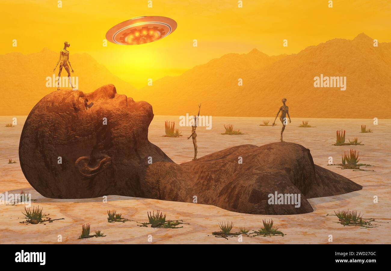 Reptoid Aliens, studiando Una gigantesca statua umanoide Foto Stock