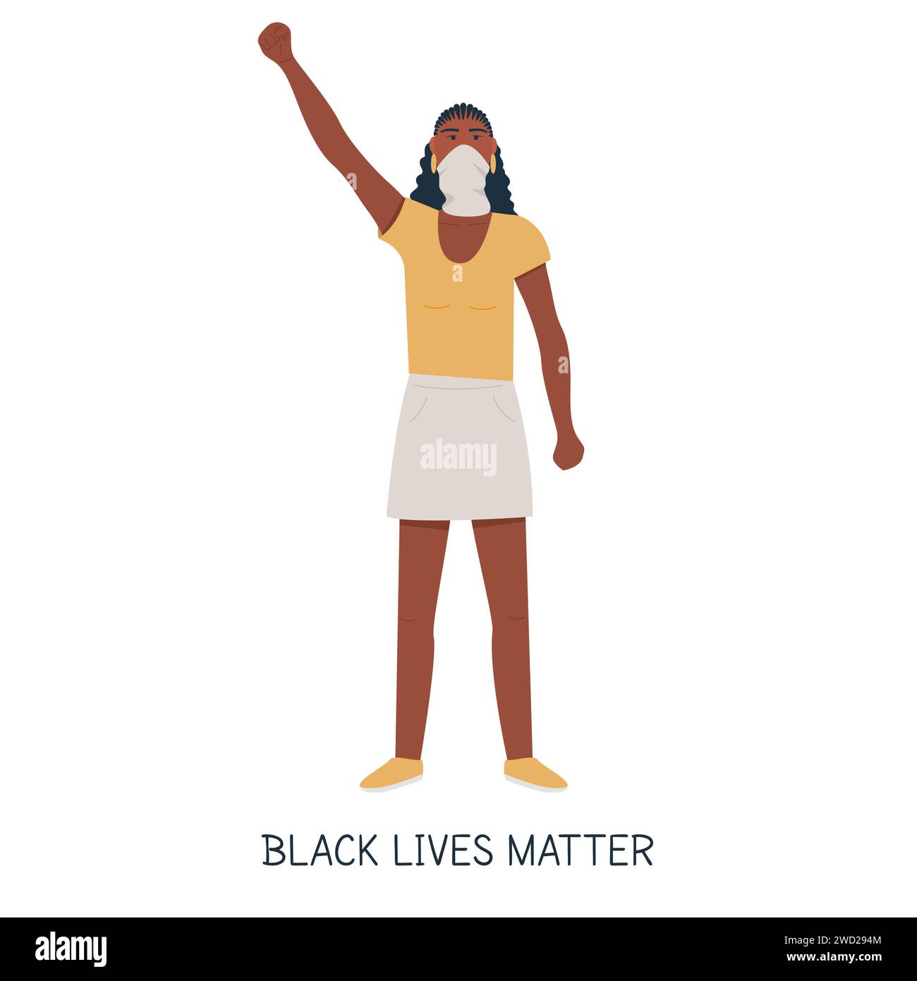 Manifestante afroamericano, pugno a mano sollevato in aria. Donna nera che protesta, che lotta per la manifestazione dei ribelli dei diritti umani. Le vite nere contano ca Illustrazione Vettoriale