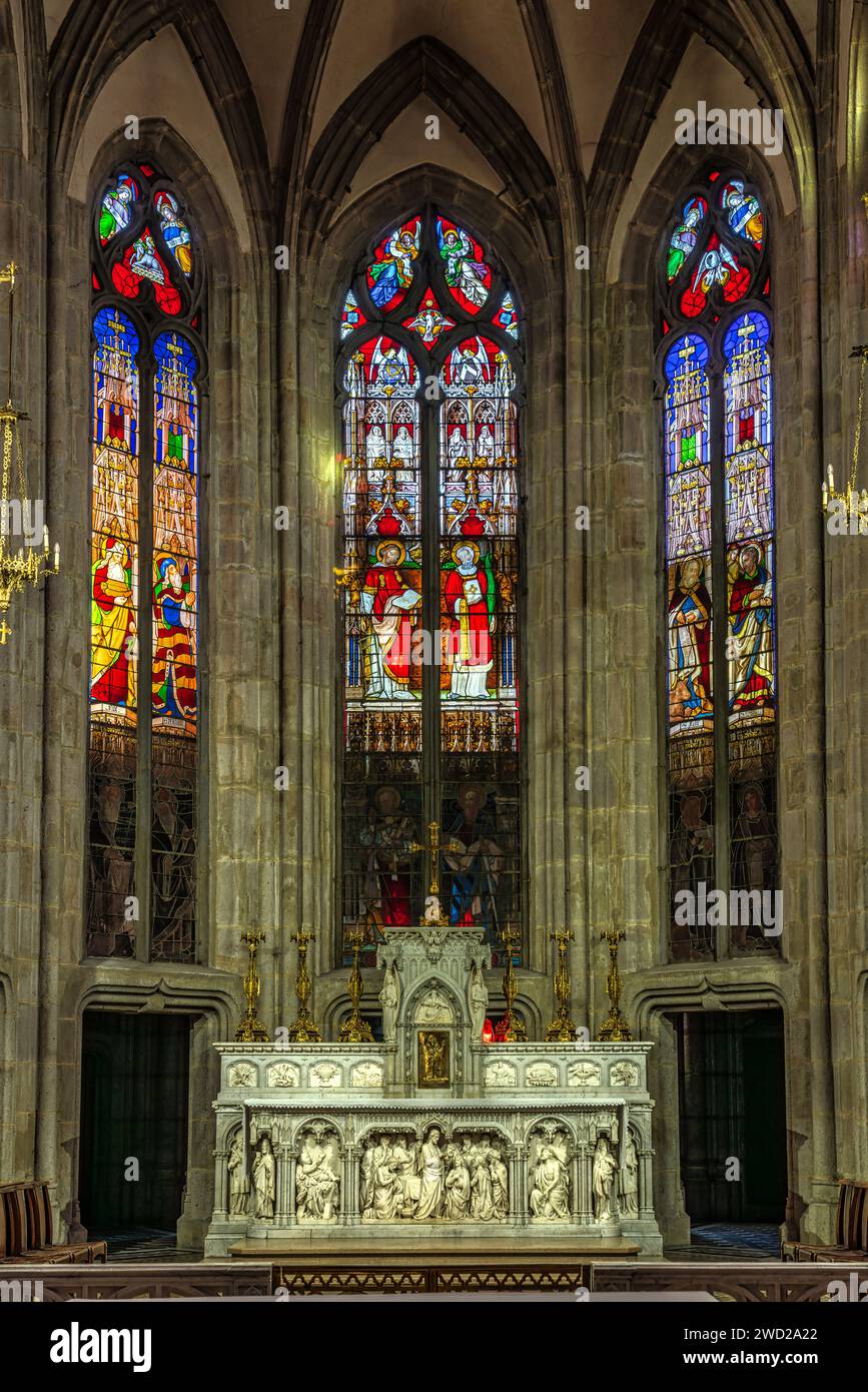 Vetrata artistica nella Grand'Église de Saint-Étienne. Saint-Étienne, Auvergne-Rhône-Alpes, Francia Foto Stock