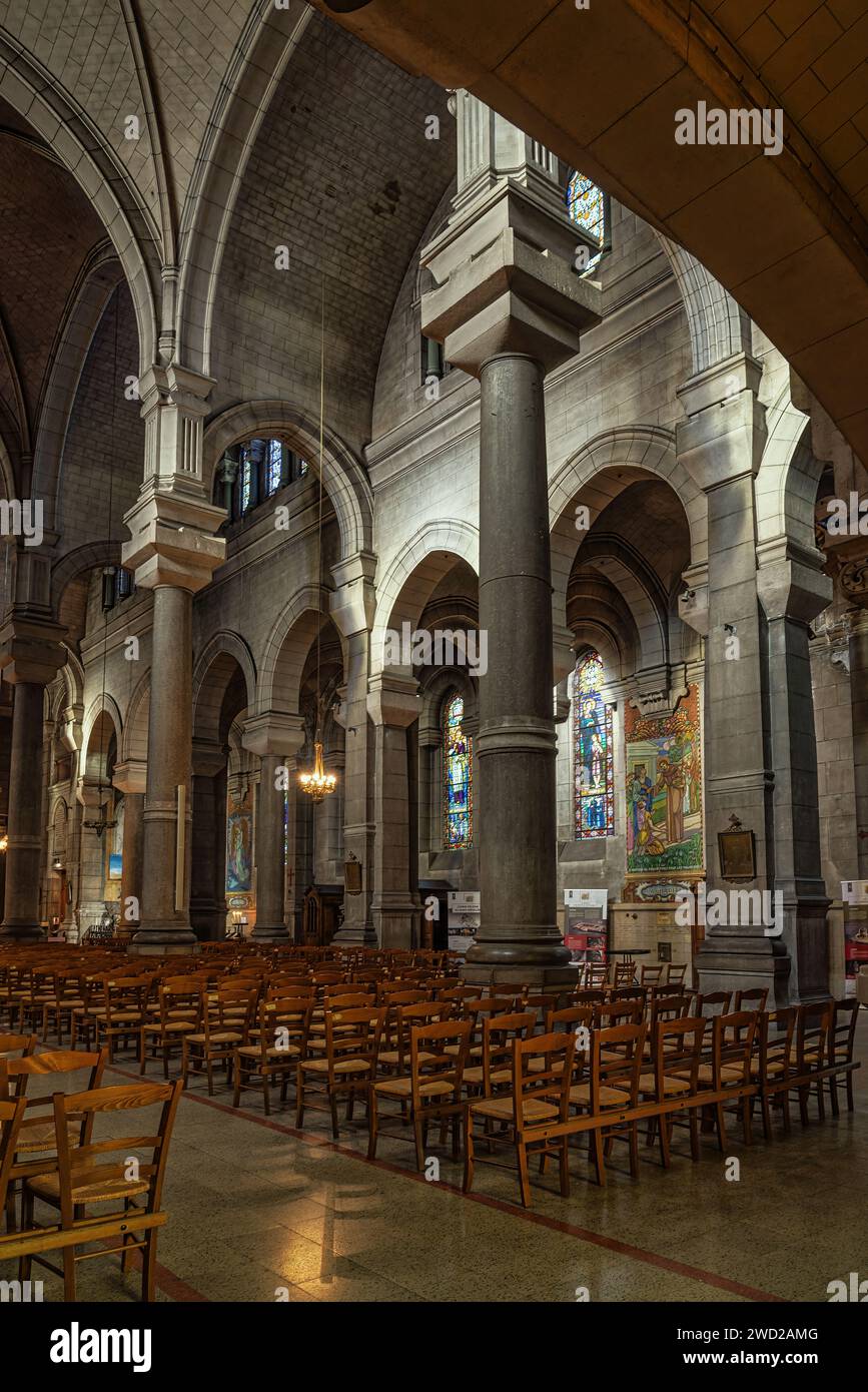 Scorcio delle colonne, degli archi e delle vetrate colorate della Cattedrale di San Carlo. Saint-Étienne, regione Auvergne-Rhône-Alpes, Francia, Europa Foto Stock