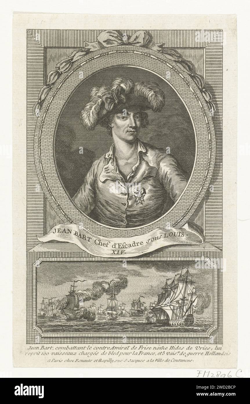 Ritratto di Jan Bart, 1694, Anonimo, 1775 - 1799 stampa Foglia con un ritratto ovale del dirottatore Jan Bart in servizio francese in cima, una rappresentazione della lotta tra uno squadrone olandese al comando di Hidde Sjoerds de Vries e navi francesi al comando di Jan Bart nel Mare del Nord, 29 giugno 1694. Tipografia: Francepublisher: Paris paper etching Foto Stock