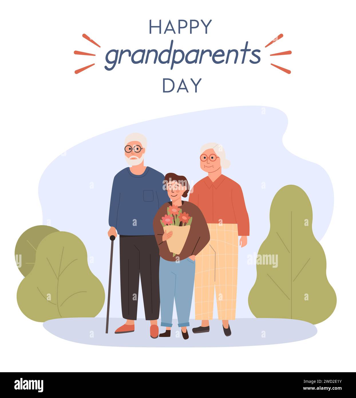 Nonno, nonna in piedi con il nipote. Abbracciano il nonno, la nonna e il nipote con bouquet di fiori. Una famiglia amorevole. Illustrazione nella Illustrazione Vettoriale