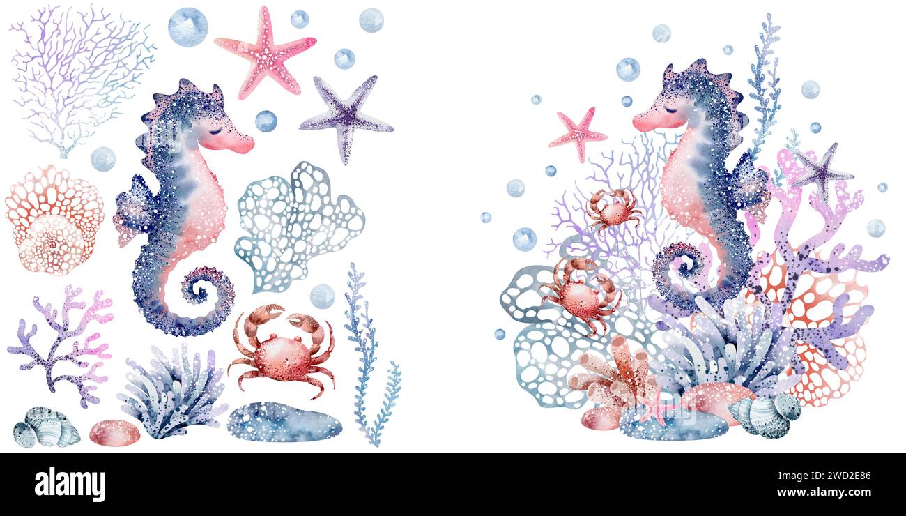 La vivace illustrazione ad acquerello riflette la diversità della vita subacquea. Maestosi cavallucci marini, granchi e colorate stelle marine ballano tra delicati coralli Foto Stock