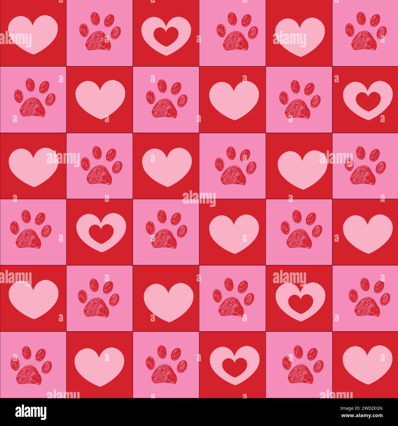Motivo a cuori rosa e rosso a quadri con impronte di zampe Illustrazione Vettoriale